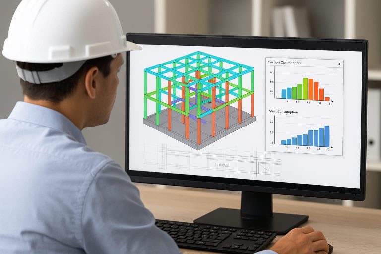 engenheiro analisando modelo estrutural 3D no escritório